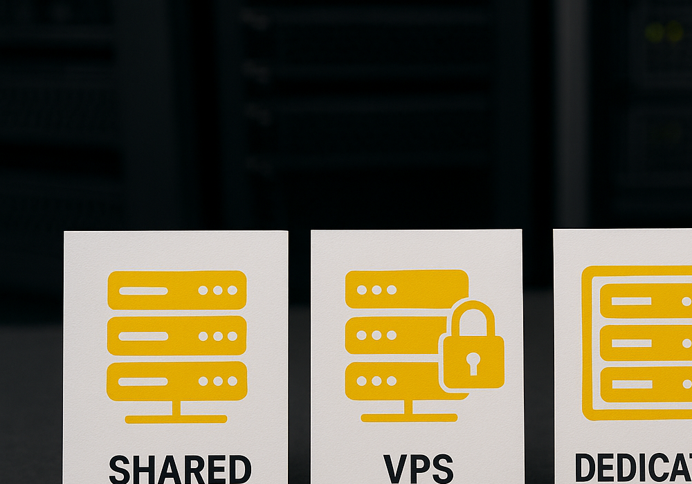 Widok wnętrza centrum danych z rzędami serwerów zapewniających hosting.