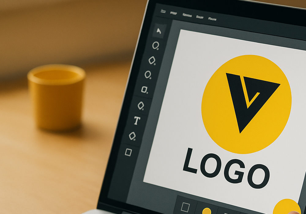 Ekran komputera pokazujący różne narzędzie do projektowania logo, symbolizując wpływ na koszt znaku graficznego