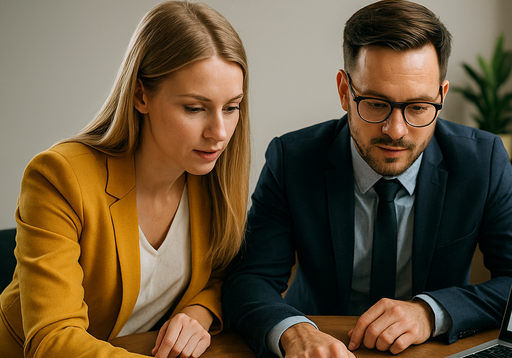 Profesjonaliści biznesowi omawiający strategię cyfrową z wykorzystaniem narzędzi marketingowych.