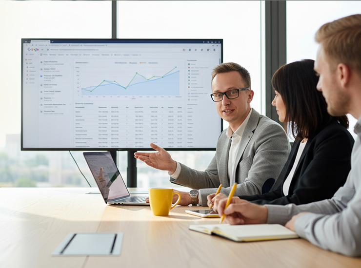 Mężczyzna pokazuje, jak poprawnie wdrożona strategia link building wpływa na lepszą pozycję strony w wynikach wyszukiwania