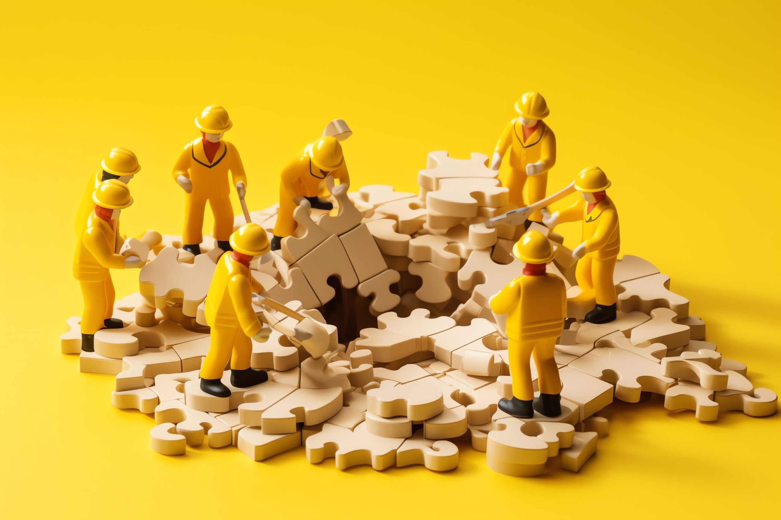 Pracownicy układający elementy układanki symbolizując proces analizy profilu linków i uzupełniania luk w linkowaniu zewnętrznym.