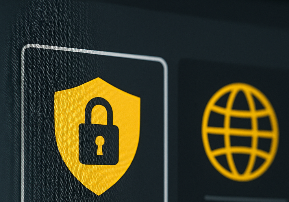 Ekran z kłódką i tarczą symbolizujący bezpieczeństwo i ochronę domeny i hostingu
