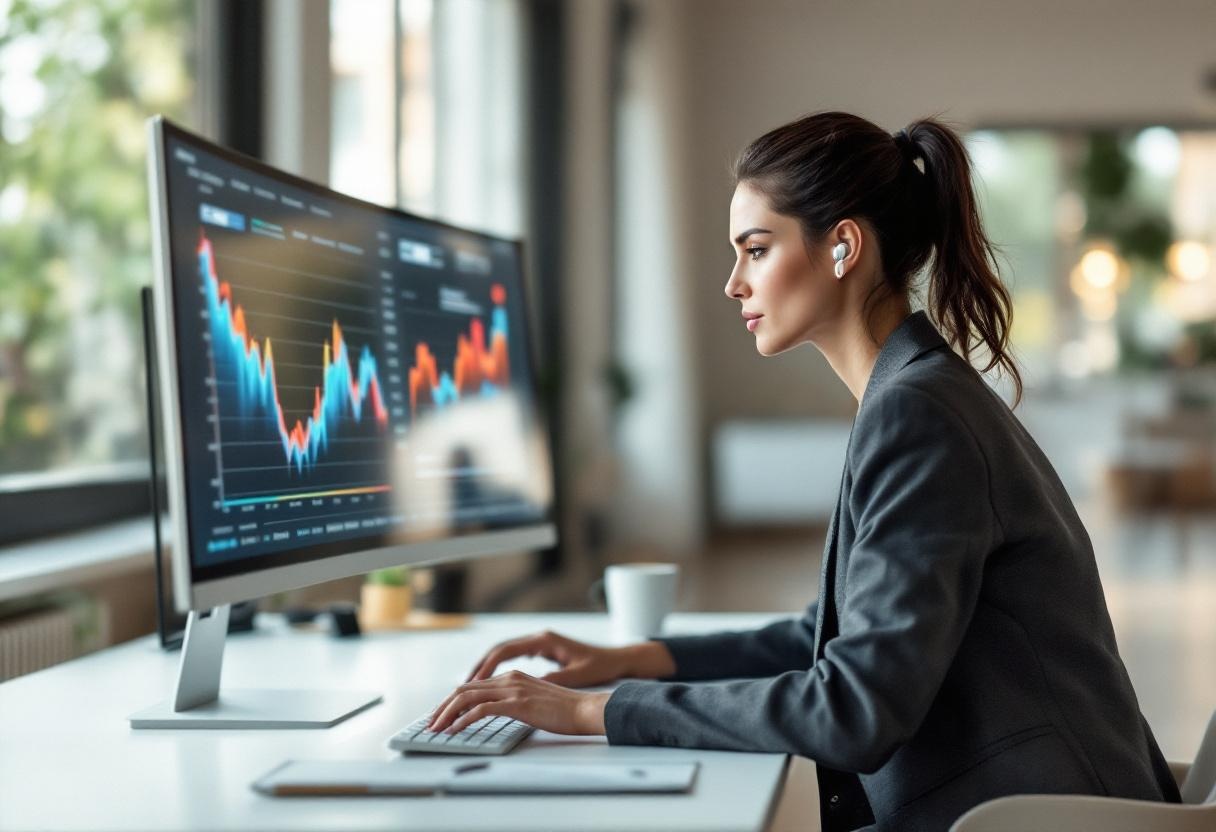 Specjalistka SEO analizujaca wykresy pozycjonowania na ultrawide monitorze
