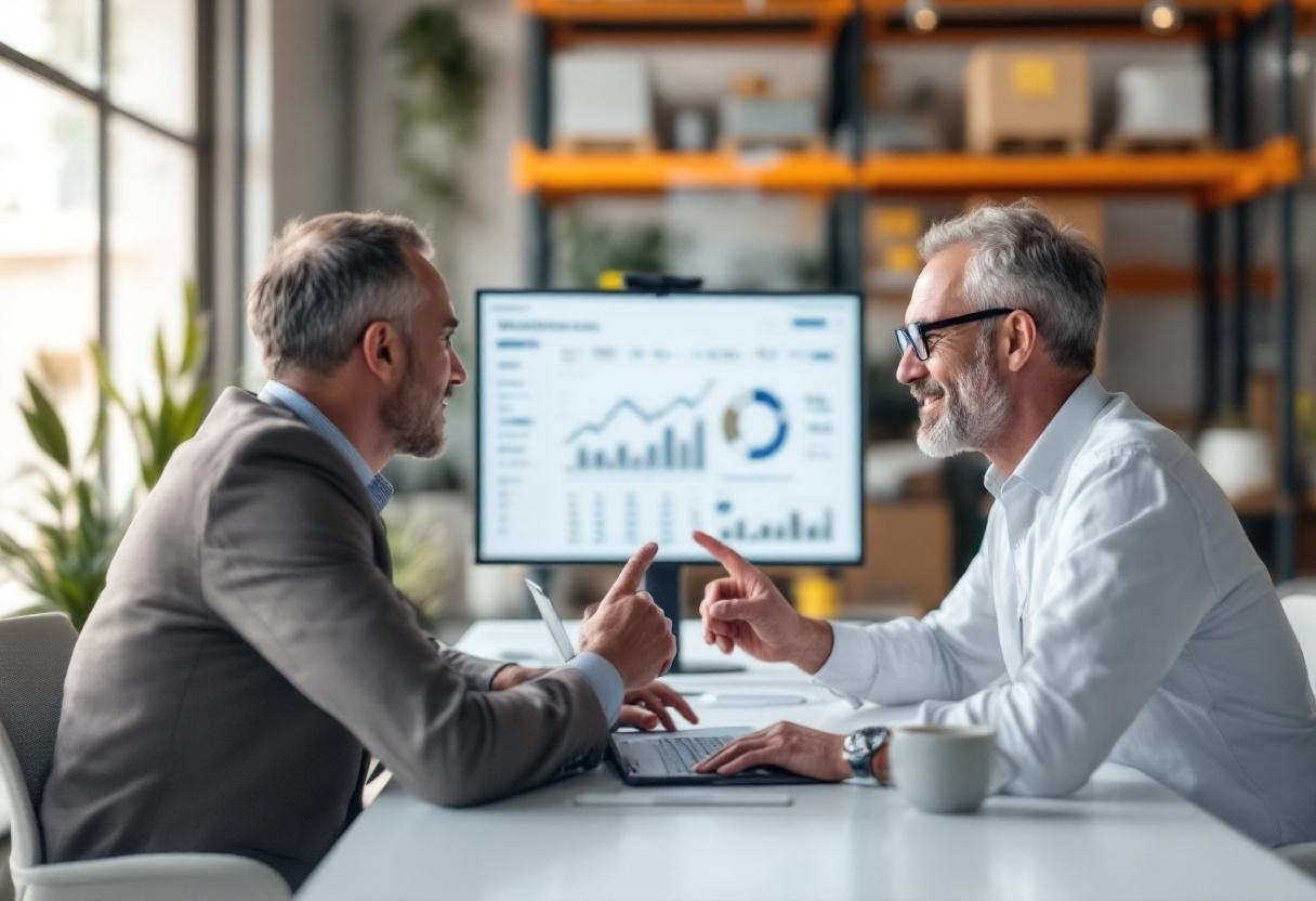 Dwoje profesjonalistow analizujacych hurtowy dashboard na laptopie