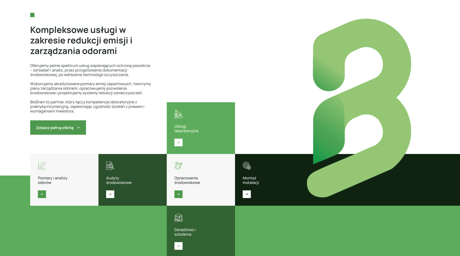 Mockupy podstron oferty na stronie BioDrain, prezentujące strukturę usług i technologii eliminacji odorów na stronie internetowej dla branży ochrony środowiska.