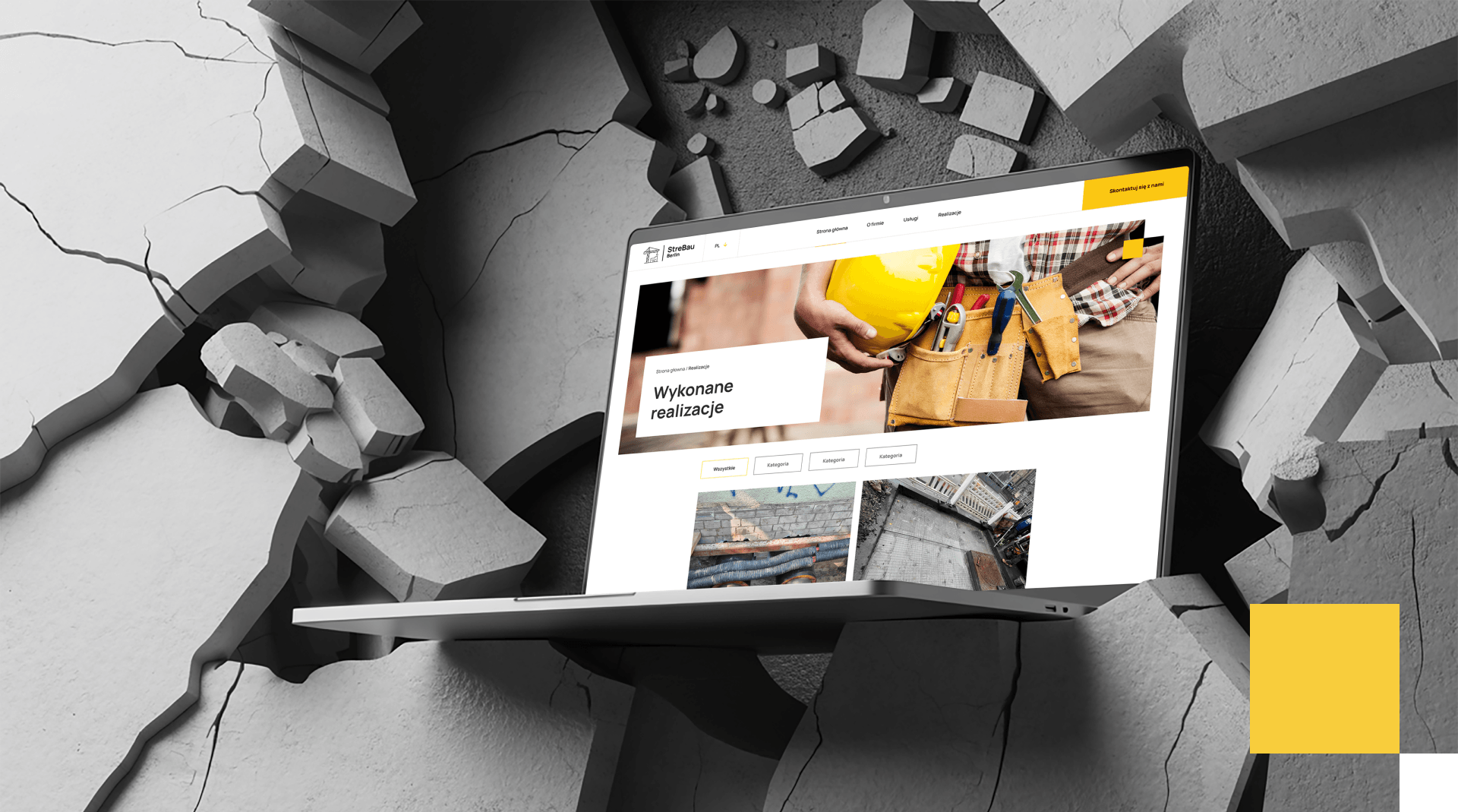 Makiety podstron serwisu STREBAU pokazujące różne układy sekcji i strukturę treści strony dla firmy budowlanej działającej na rynku niemieckim.