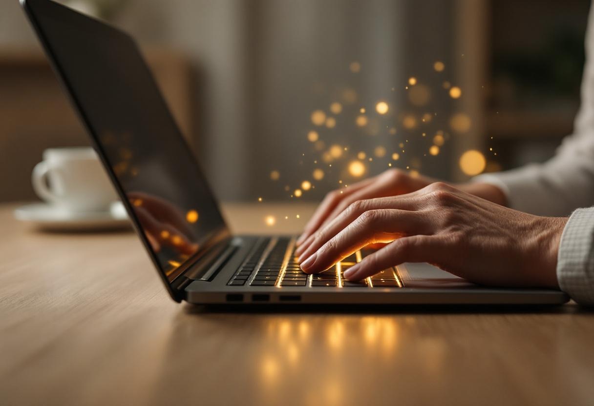 Rece na klawiaturze laptopa z cieplymi swietlnymi czasteczkami AI