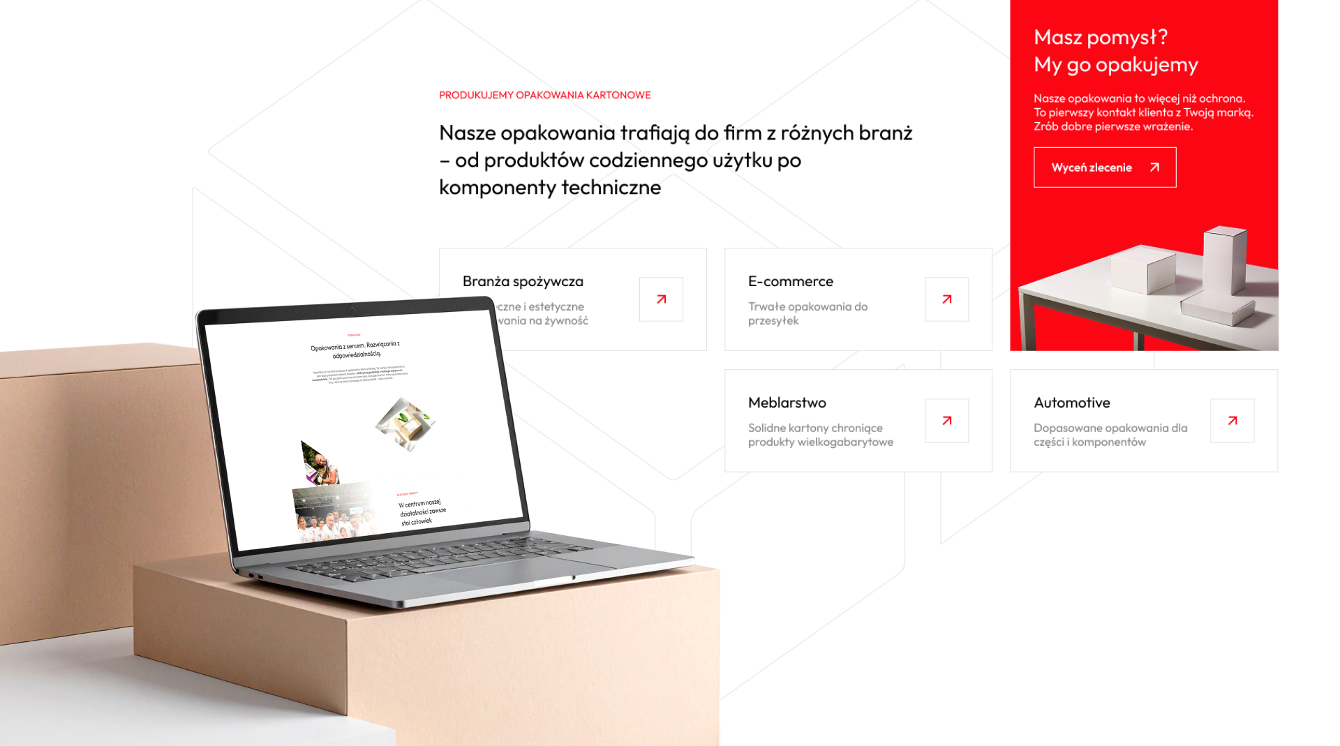 Strona główna HeartBox z podziałem oferty na branże i hasłem o opakowaniach z sercem, projekt strony dla producenta opakowań.