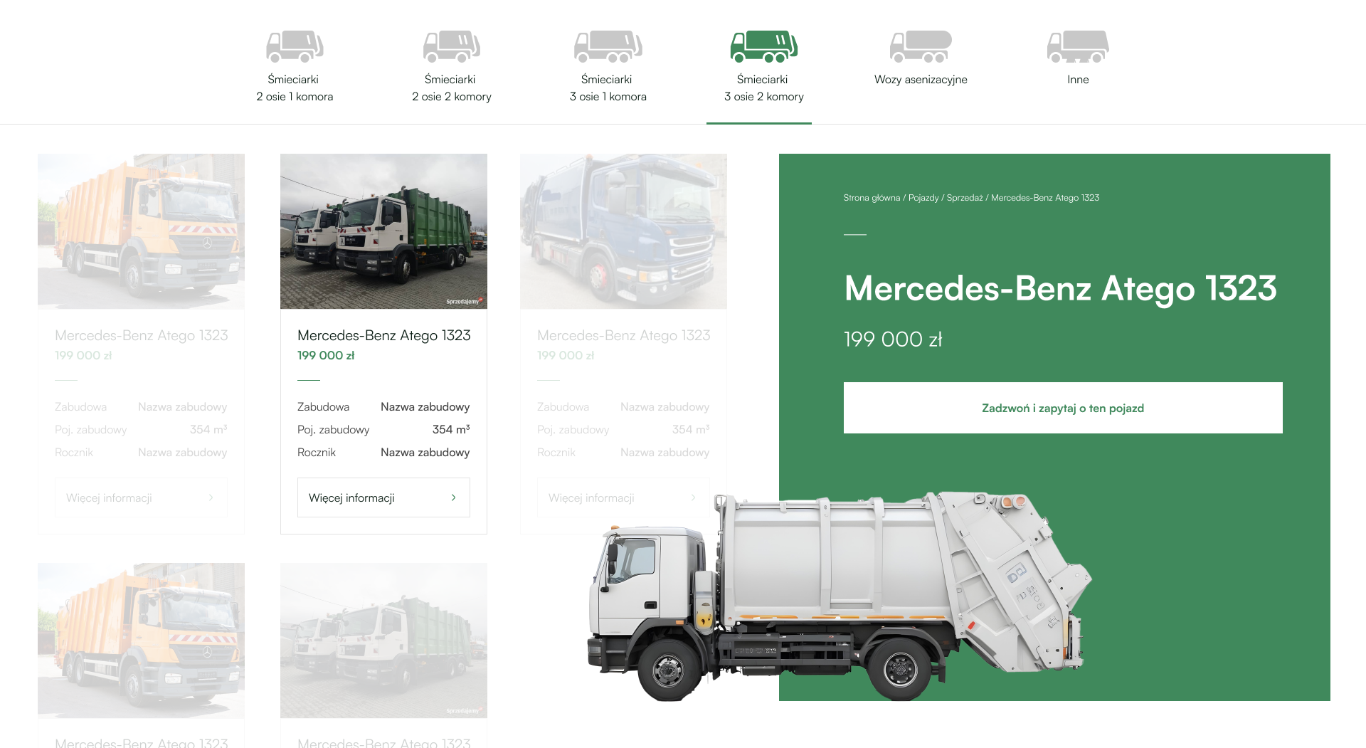 Katalog pojazdów komunalnych z filtrowaniem po typie zabudowy i kartą pojazdu Mercedes-Benz Atego 1323, wdrożenie katalogu produktów na WordPress