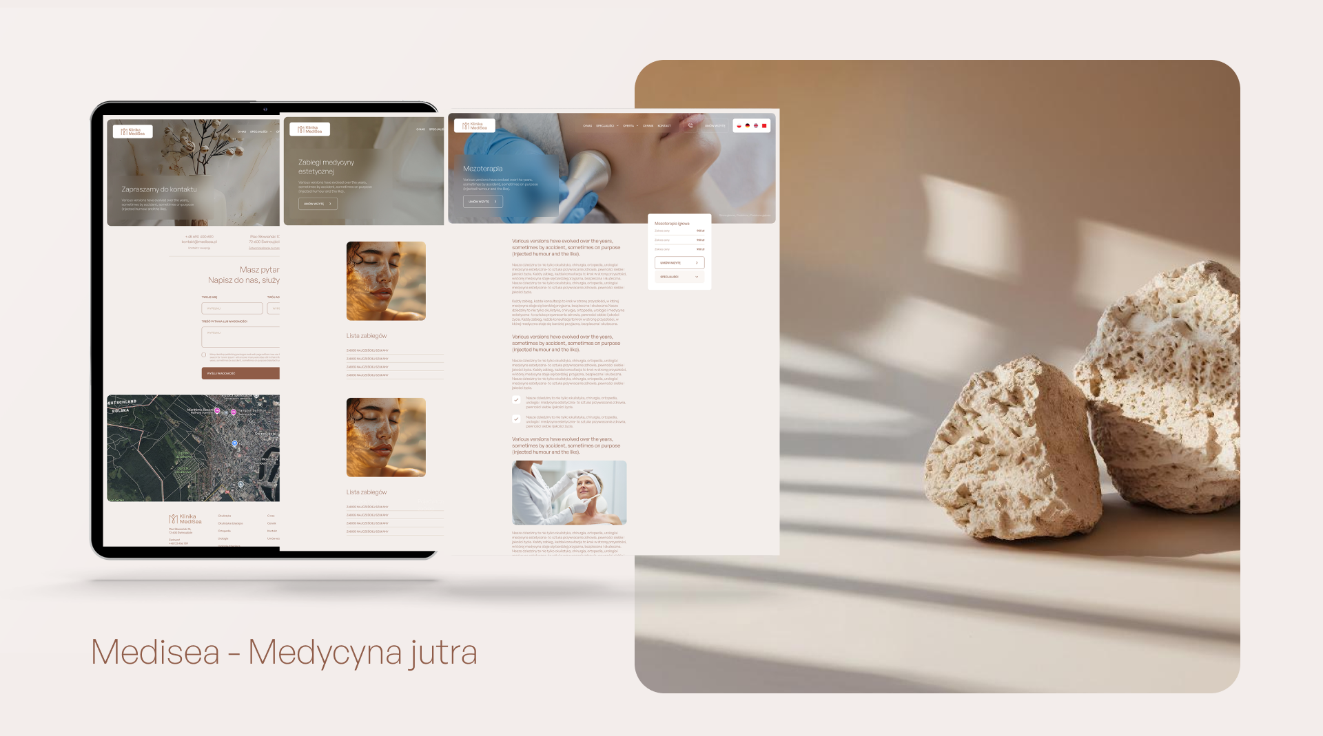 Kolaż podstron kliniki Medisea z sekcją kontaktu i mapą, zabiegami medycyny estetycznej oraz hasłem Medisea Medycyna jutra.