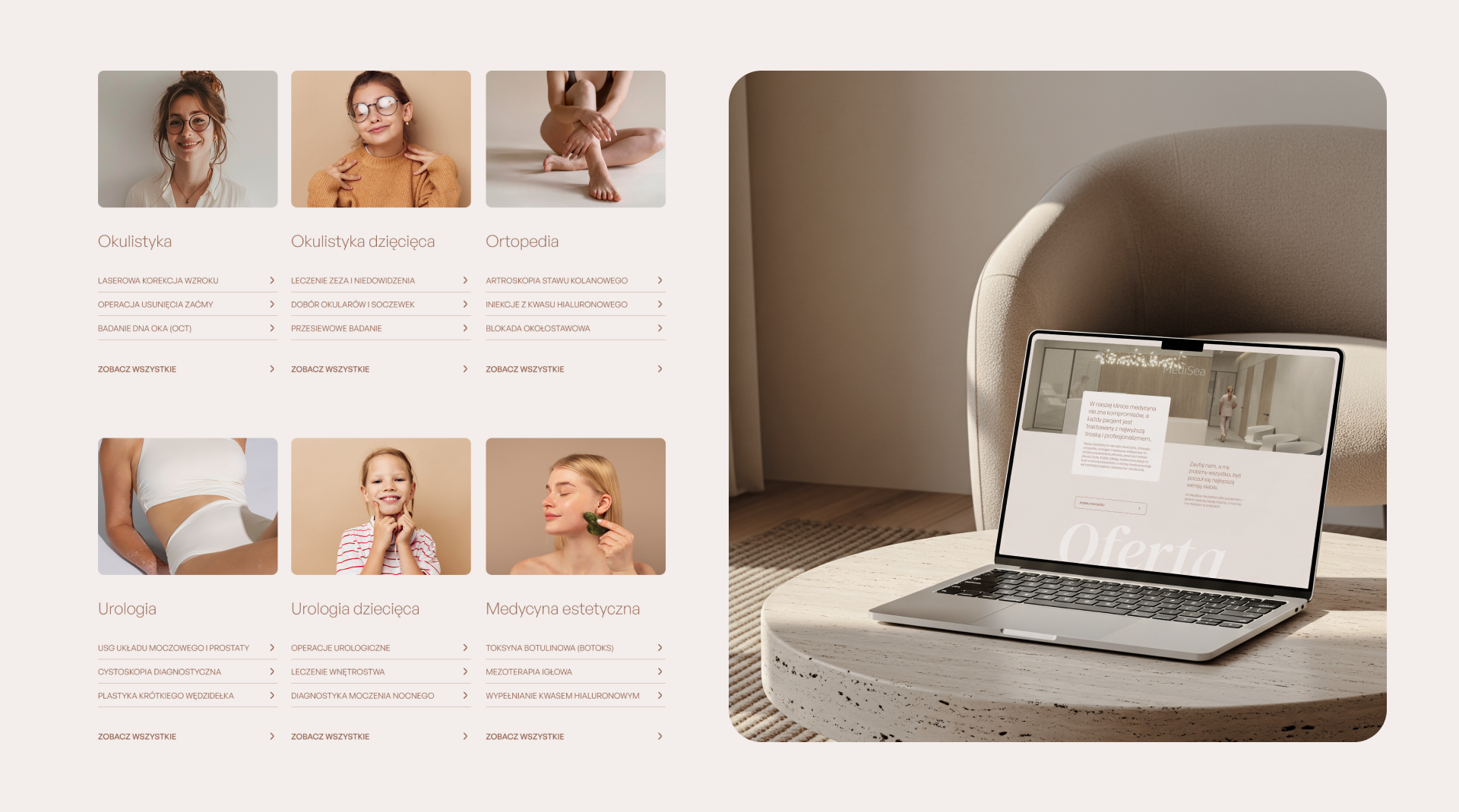 Siatka specjalizacji kliniki Medisea z okulistyką, ortopedią, urologią i medycyną estetyczną oraz laptop z podstroną oferty.