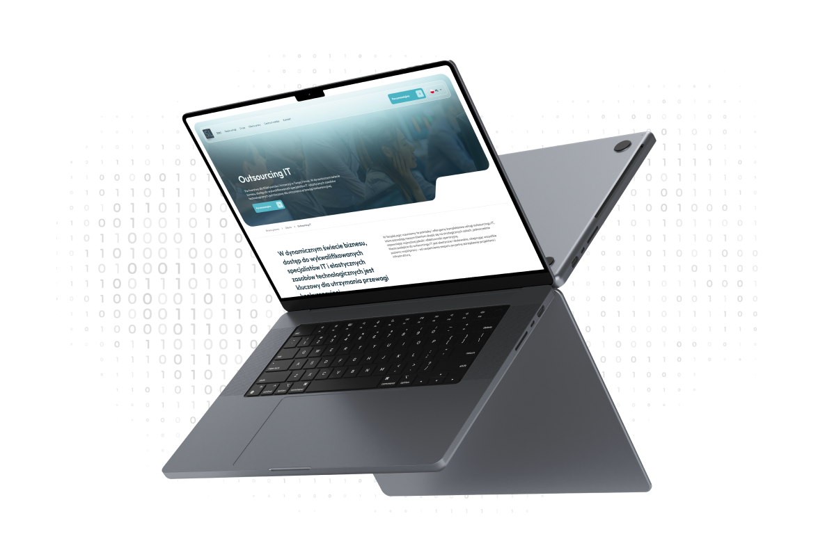 Podstrona Outsourcing IT w serwisie SimpleLogic na ekranie laptopa na tle kodu binarnego, projekt strony B2B dla branży technologicznej