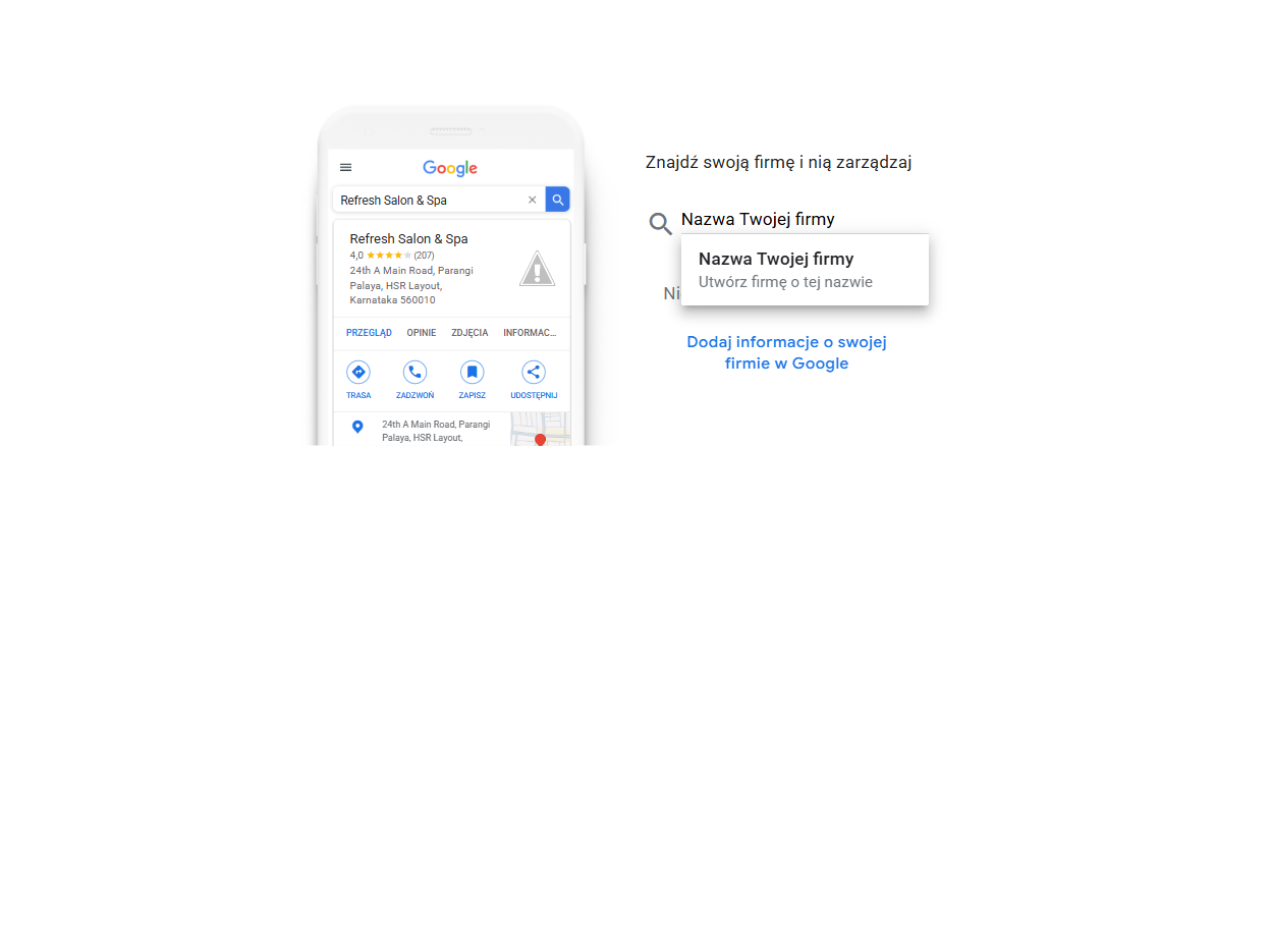 Ekran startowy zakładania wizytówki Google z przyciskiem dodania firmy