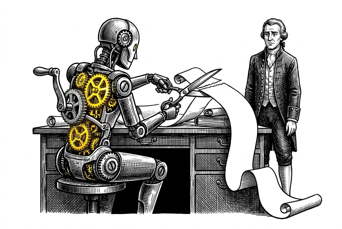 Mechaniczny automat tnie nożycami zwój, człowiek stoi obok bezczynnie, czyli chatbot hostingu okrawający plik .htaccess
