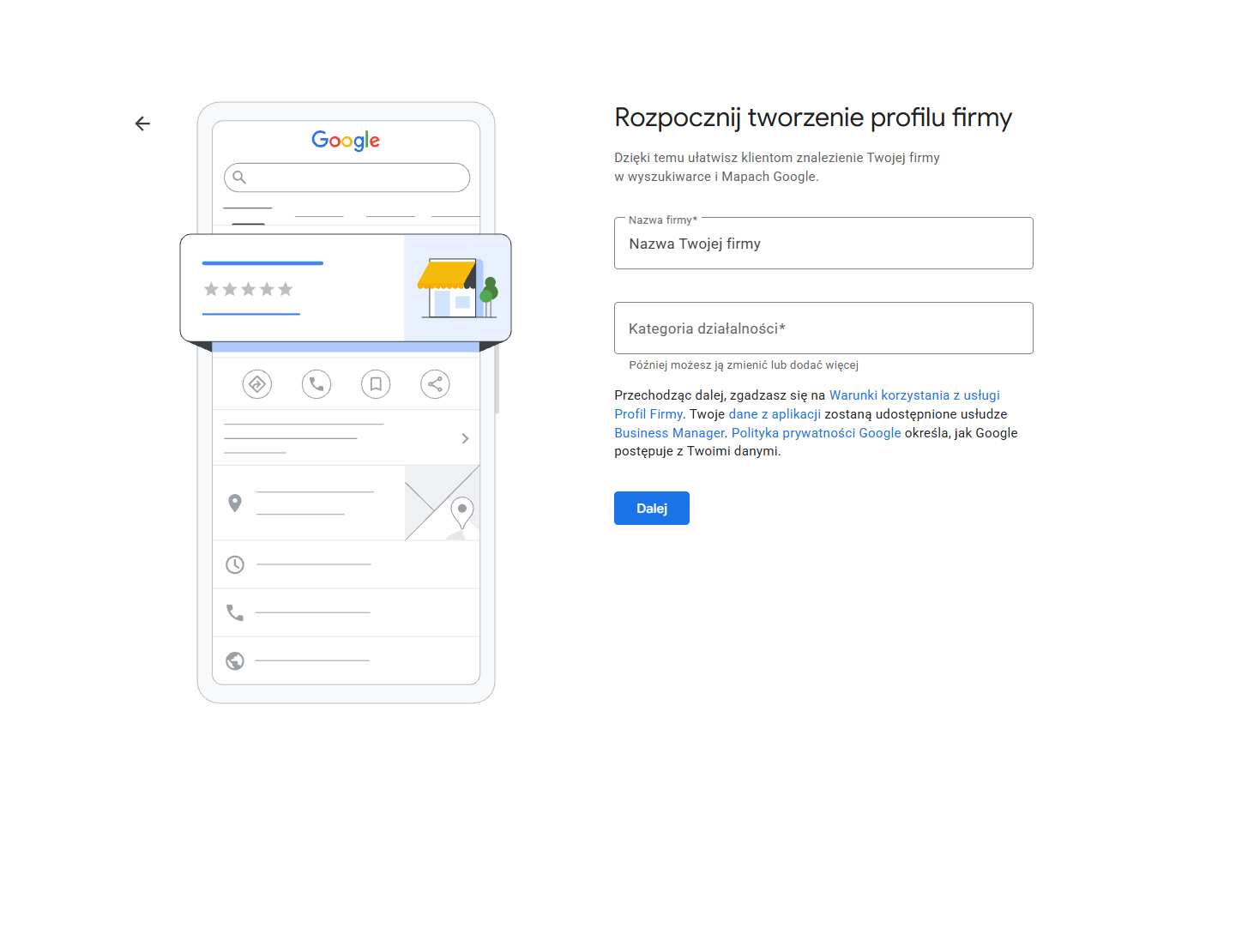 Pole nazwy firmy w kreatorze wizytówki Google