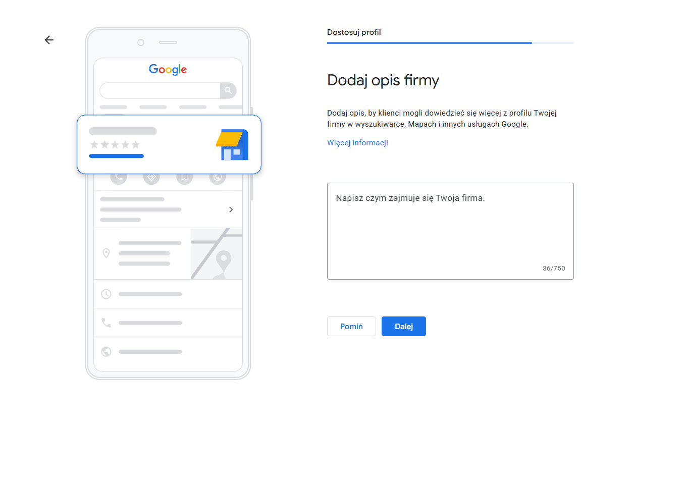 Pole opisu firmy w wizytówce Google z licznikiem znaków