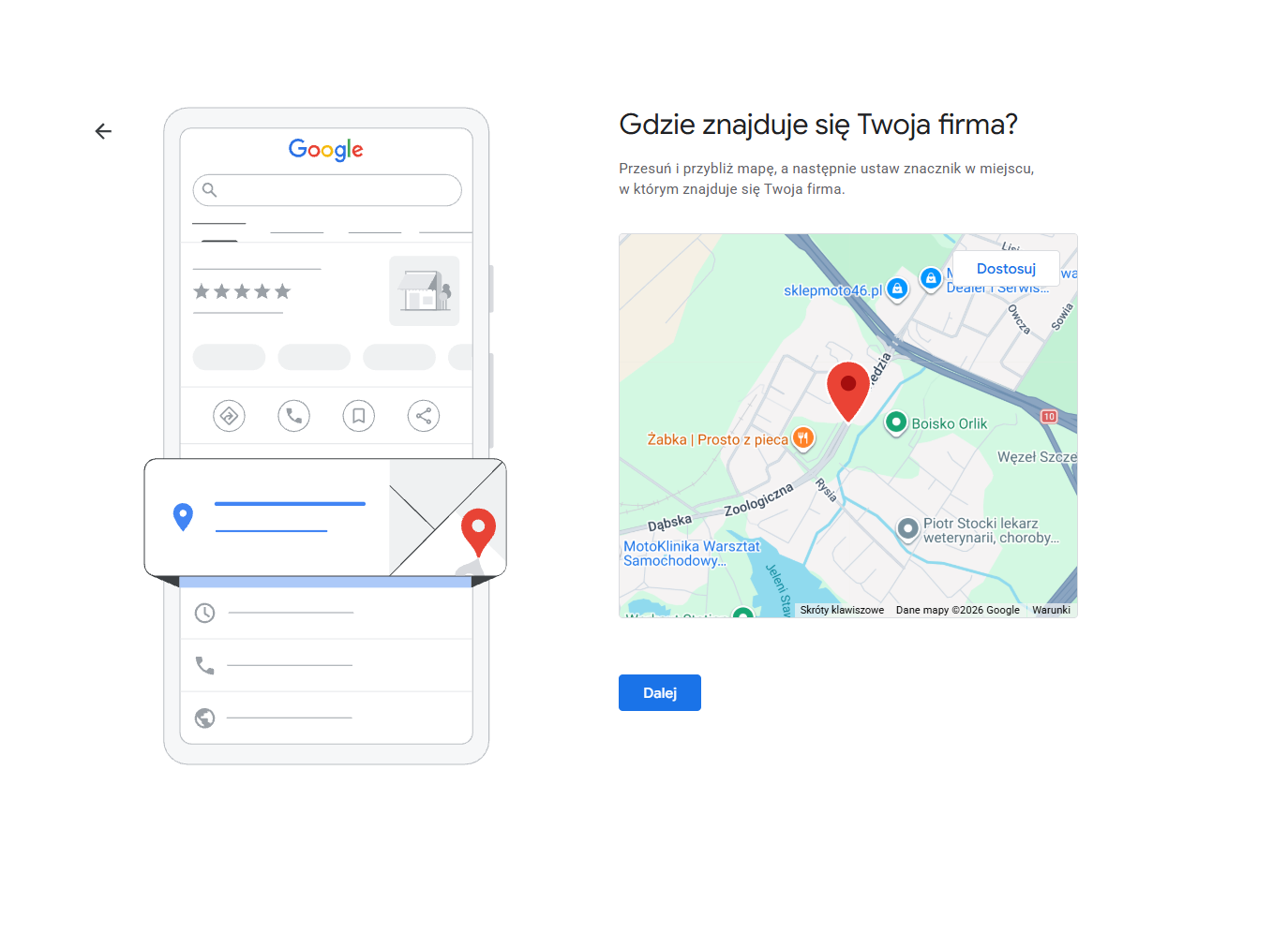 Pytanie o lokalizację firmy w kreatorze wizytówki Google