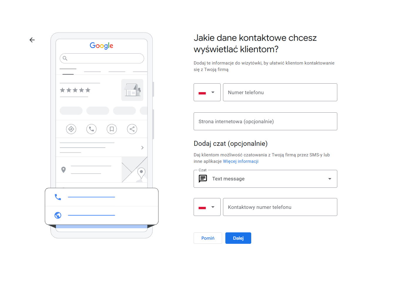 Uzupełnianie danych kontaktowych w wizytówce Google