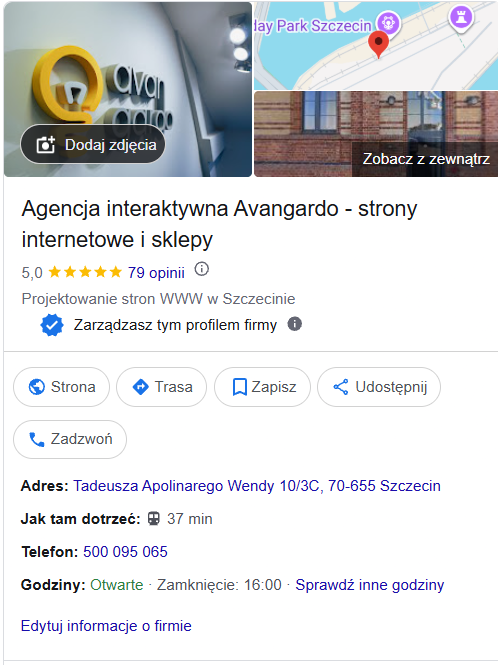 Widok wizytówki Google Agencji Avangardo