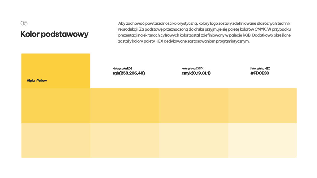 Plansza z księgi znaku Alplan z kolorem podstawowym marki i wartościami RGB, CMYK oraz HEX