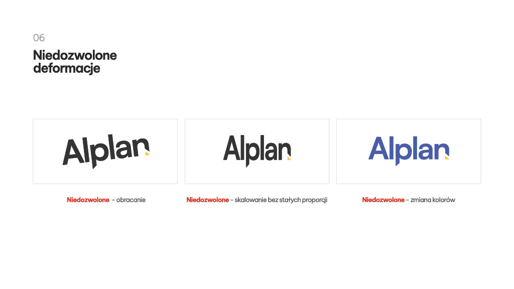 Plansza z księgi znaku Alplan z przykładami niedozwolonych modyfikacji logo