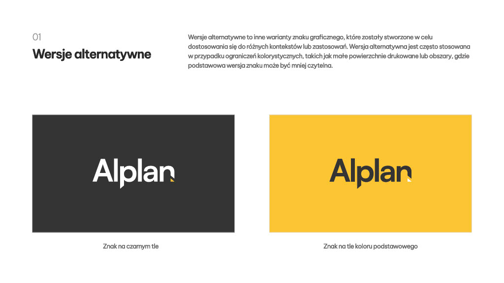 Plansza z księgi znaku Alplan z alternatywnymi wersjami logo na czarnym i żółtym tle marki