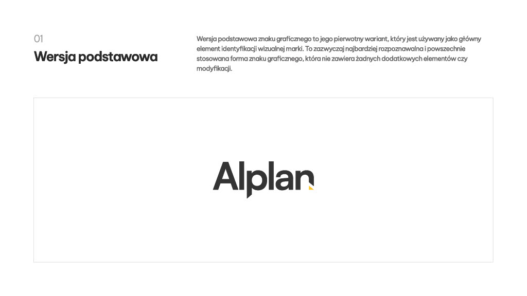 Plansza z księgi znaku marki Alplan z podstawową wersją logo na białym tle