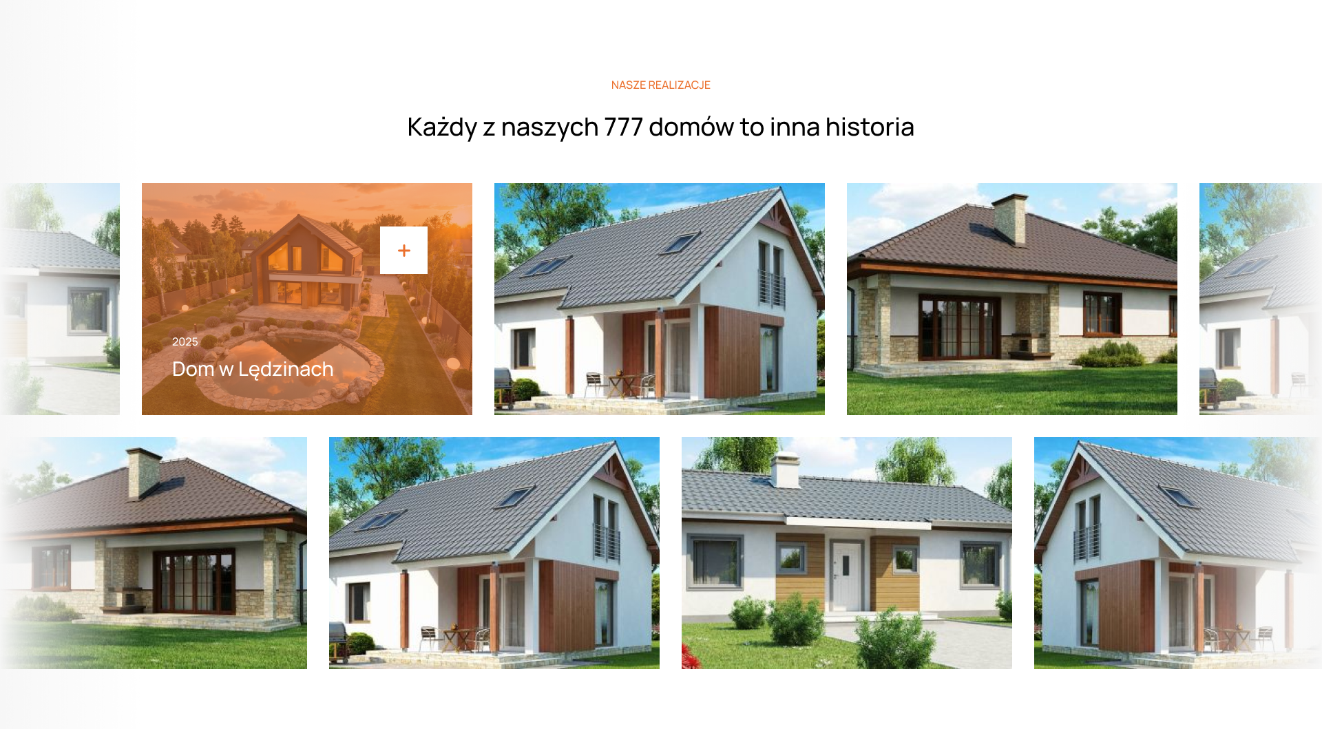Sekcja realizacji na stronie MAWIT z nagłówkiem o 777 domach i siatką zdjęć domów szkieletowych, w tym domu w Lędzinach z 2025 roku.