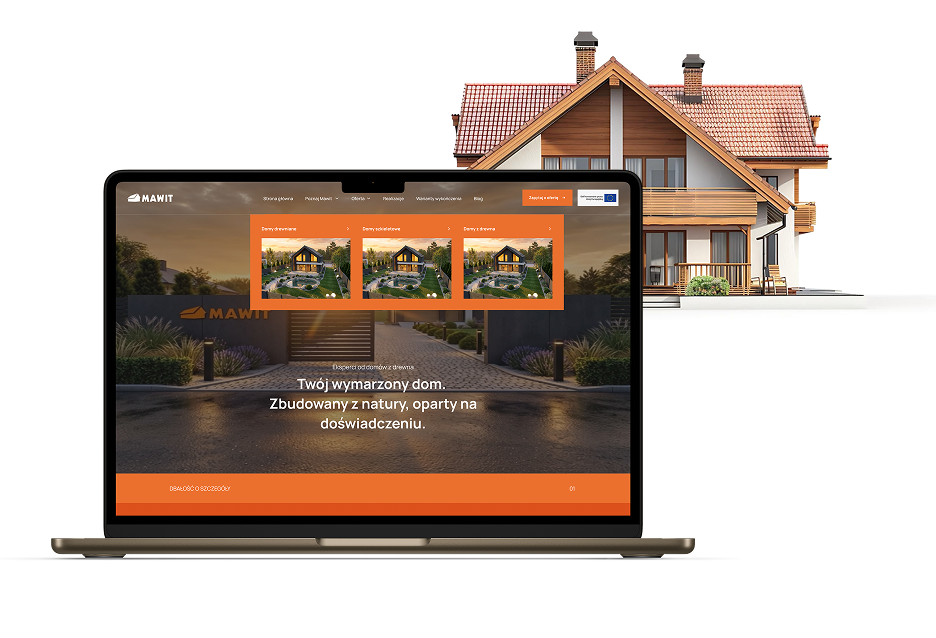 Strona główna MAWIT na laptopie z rozwiniętym menu oferty domów drewnianych i szkieletowych, obok dom z drewnianą elewacją i balkonem.